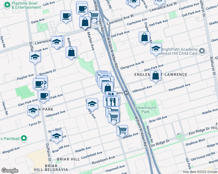 map of restaurants, bars, coffee shops, grocery stores, and more near in Toronto