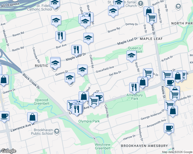 map of restaurants, bars, coffee shops, grocery stores, and more near in Toronto