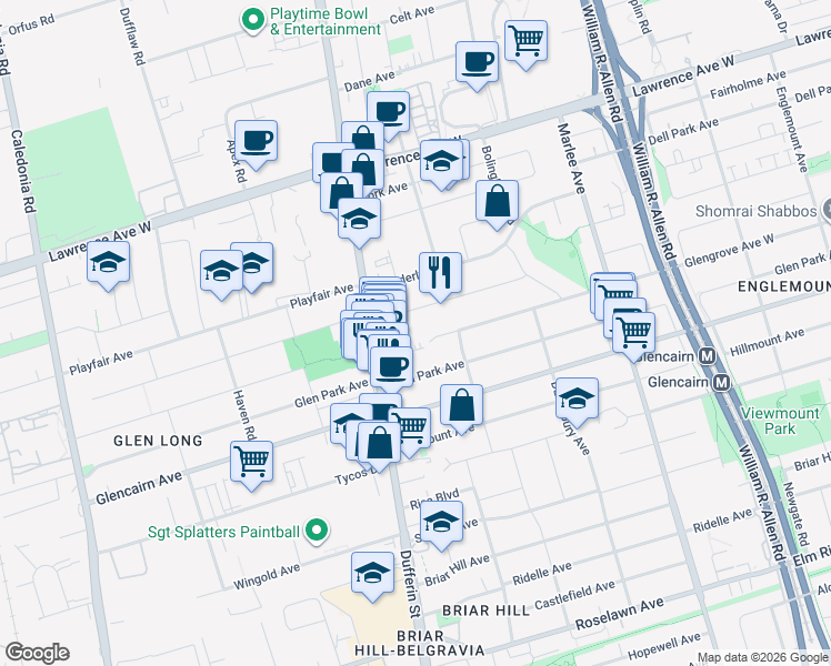 map of restaurants, bars, coffee shops, grocery stores, and more near 47 Glenbrook Avenue in Toronto