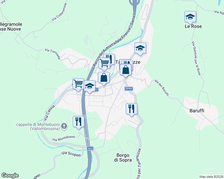 map of restaurants, bars, coffee shops, grocery stores, and more near 108 Via della Repubblica in Tavarnuzze