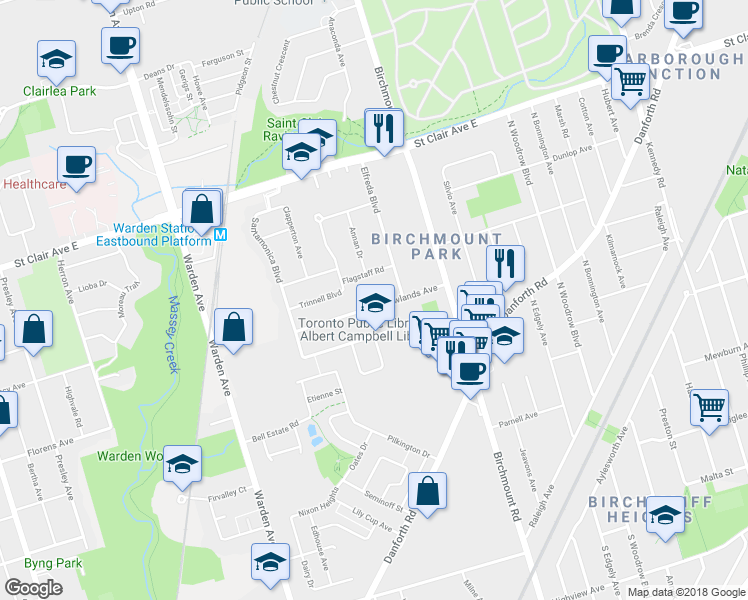 map of restaurants, bars, coffee shops, grocery stores, and more near 100 Newlands Avenue in Toronto
