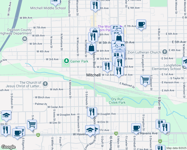 map of restaurants, bars, coffee shops, grocery stores, and more near in Mitchell