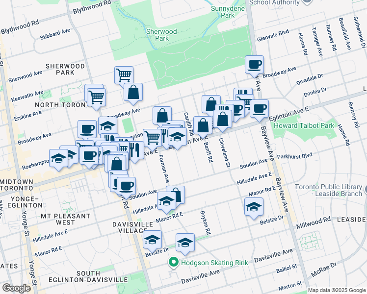 map of restaurants, bars, coffee shops, grocery stores, and more near 411 Eglinton Avenue East in Toronto