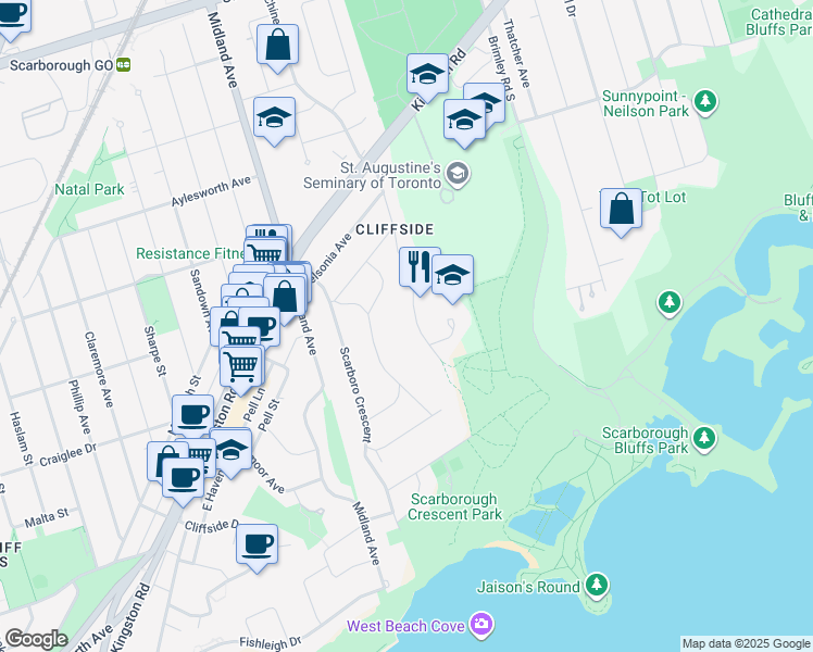map of restaurants, bars, coffee shops, grocery stores, and more near in Toronto