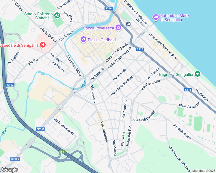 map of restaurants, bars, coffee shops, grocery stores, and more near 50 Via Venezia in Senigallia