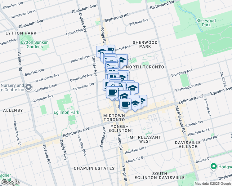 map of restaurants, bars, coffee shops, grocery stores, and more near 3 Broadway Avenue in Toronto