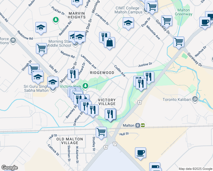 map of restaurants, bars, coffee shops, grocery stores, and more near 3131 Churchill Avenue in Mississauga