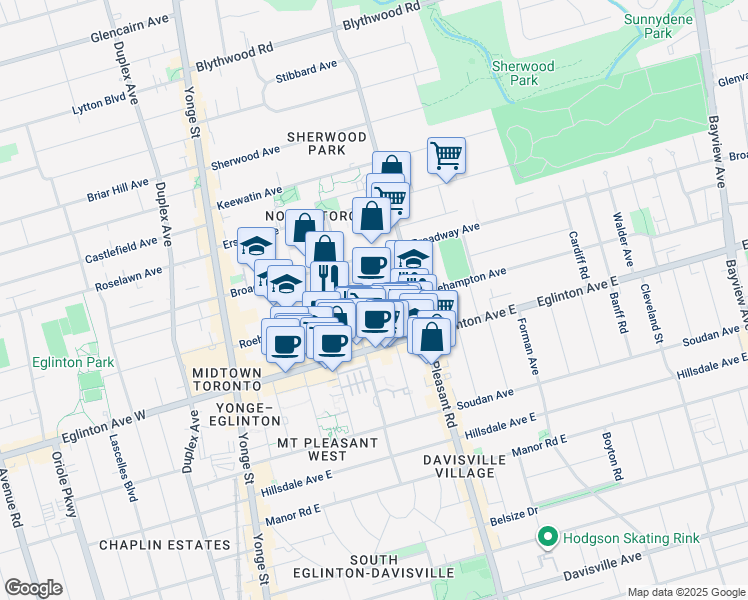 map of restaurants, bars, coffee shops, grocery stores, and more near 200 Roehampton Avenue in Toronto