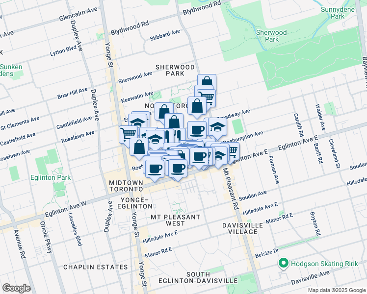 map of restaurants, bars, coffee shops, grocery stores, and more near in Toronto