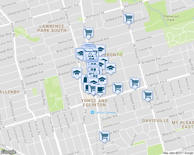 map of restaurants, bars, coffee shops, grocery stores, and more near 8 Broadway Avenue in Toronto