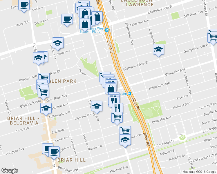 map of restaurants, bars, coffee shops, grocery stores, and more near in Toronto