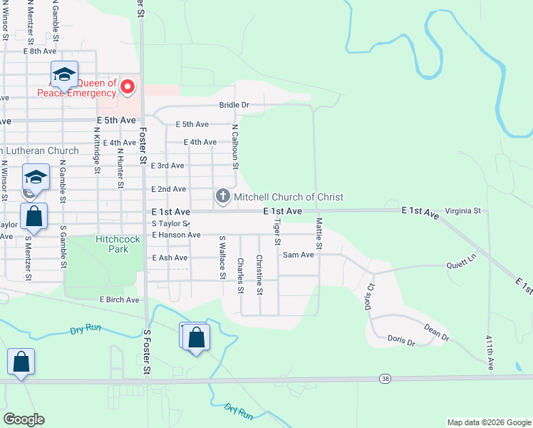 map of restaurants, bars, coffee shops, grocery stores, and more near 1717 East 1st Avenue in Mitchell