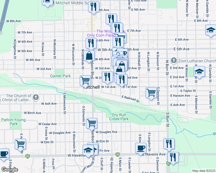 map of restaurants, bars, coffee shops, grocery stores, and more near 100 North Duff Street in Mitchell
