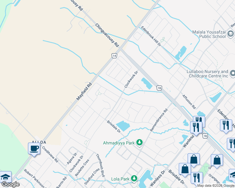 map of restaurants, bars, coffee shops, grocery stores, and more near 6 Fruitvale Circle in Brampton