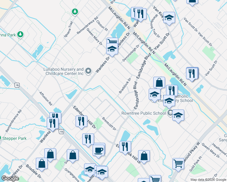 map of restaurants, bars, coffee shops, grocery stores, and more near 10 Sir Jacobs Crescent in Brampton