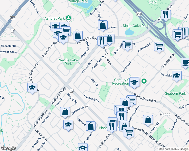 map of restaurants, bars, coffee shops, grocery stores, and more near 79 Bruce Beer Drive in Brampton