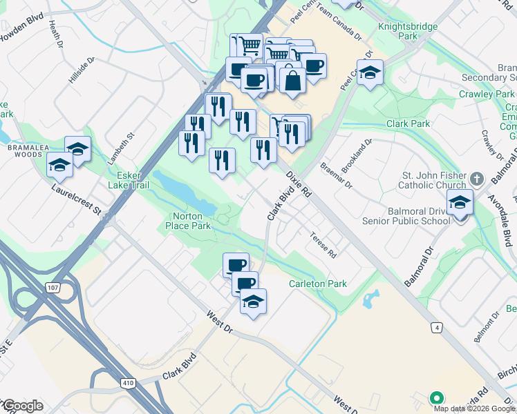 map of restaurants, bars, coffee shops, grocery stores, and more near 4 Lisa Street in Brampton