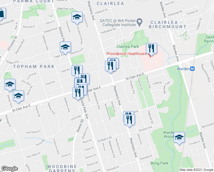 map of restaurants, bars, coffee shops, grocery stores, and more near 188 Bexhill Avenue in Toronto