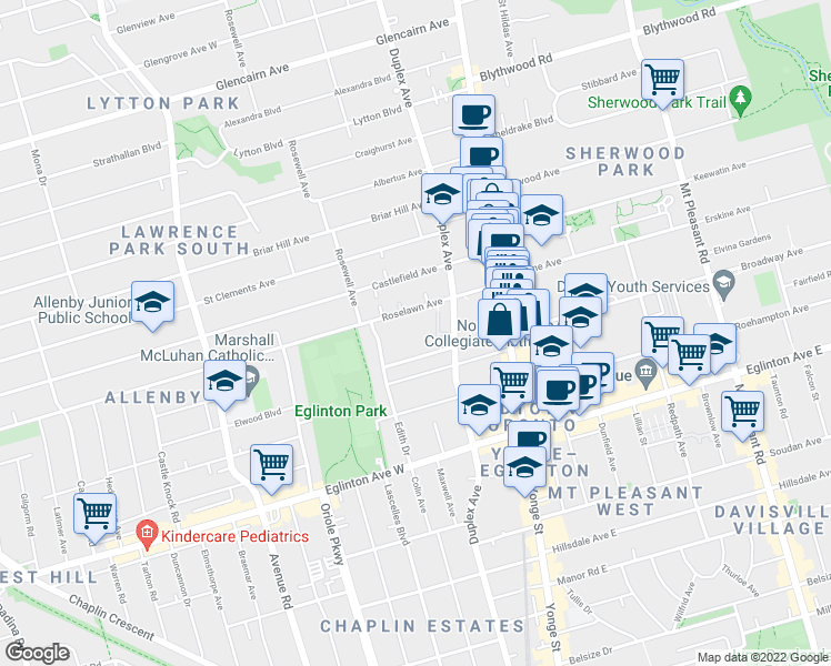 map of restaurants, bars, coffee shops, grocery stores, and more near 118 Montgomery Avenue in Toronto