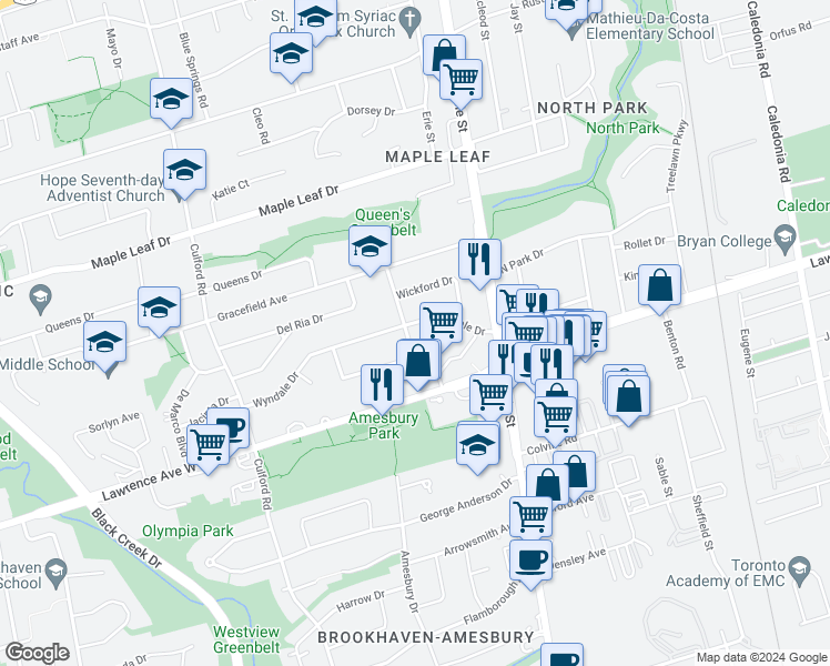 map of restaurants, bars, coffee shops, grocery stores, and more near 3 Battersea Crescent in Toronto