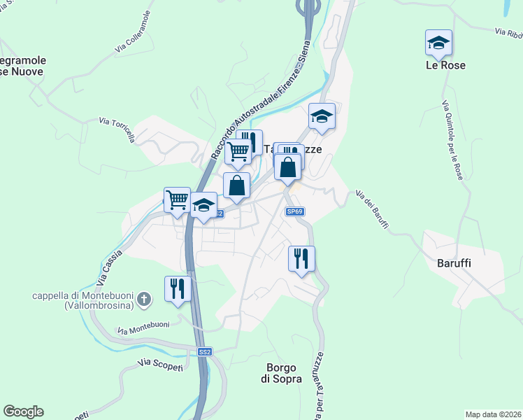 map of restaurants, bars, coffee shops, grocery stores, and more near 108 Via della Repubblica in Tavarnuzze
