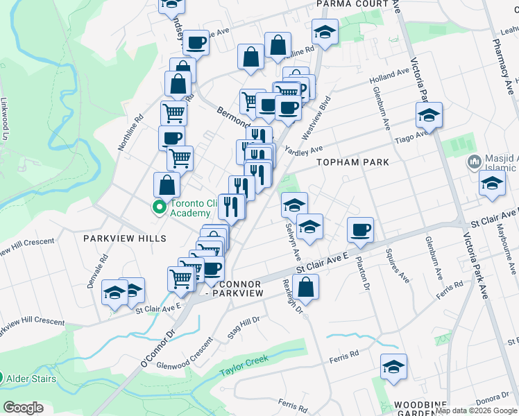 map of restaurants, bars, coffee shops, grocery stores, and more near 88 Westview Boulevard in Toronto