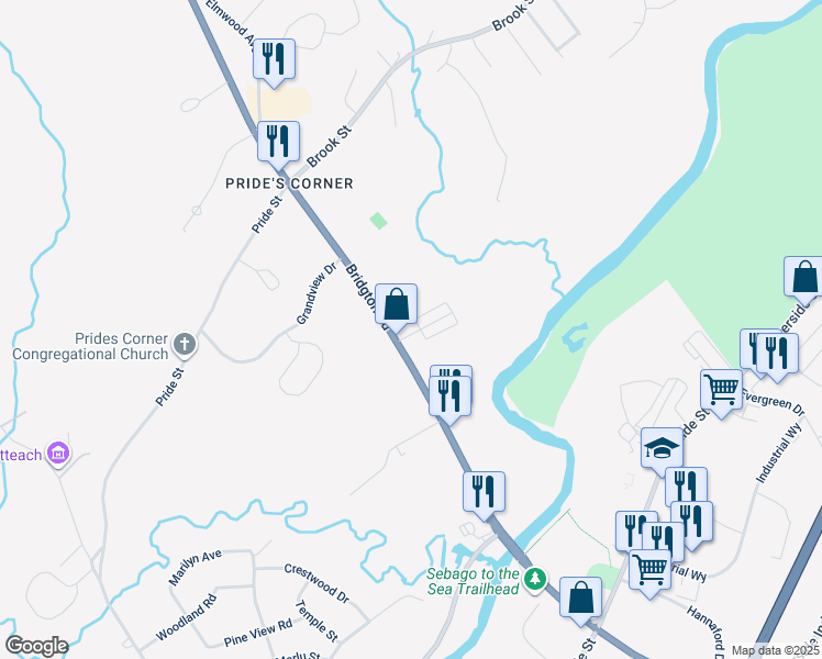 map of restaurants, bars, coffee shops, grocery stores, and more near 14 Villa Road in Westbrook
