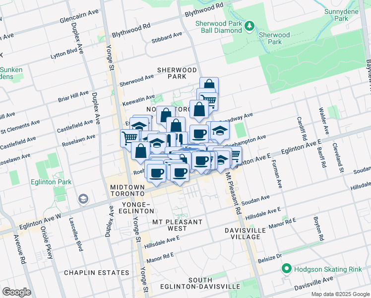 map of restaurants, bars, coffee shops, grocery stores, and more near in Toronto