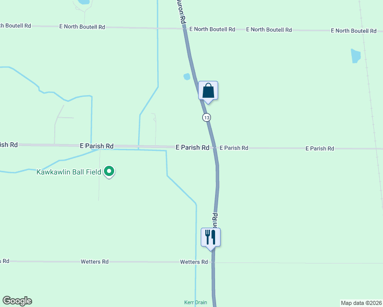 map of restaurants, bars, coffee shops, grocery stores, and more near 1962 East Parish Road in Kawkawlin