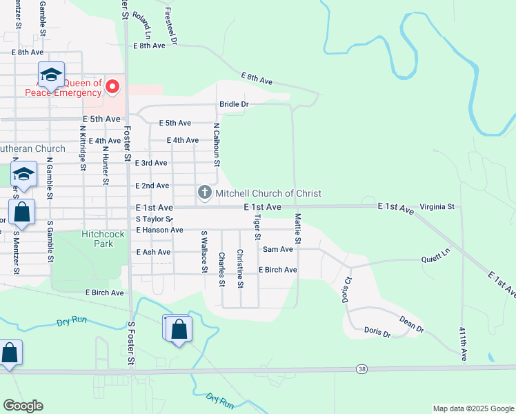 map of restaurants, bars, coffee shops, grocery stores, and more near 1717 East 1st Avenue in Mitchell