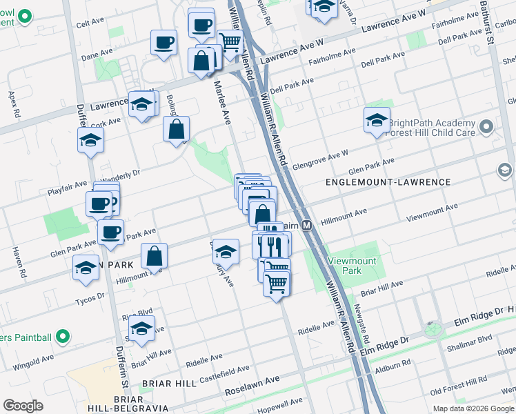 map of restaurants, bars, coffee shops, grocery stores, and more near 611 Marlee Avenue in Toronto