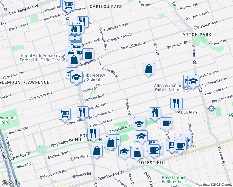 map of restaurants, bars, coffee shops, grocery stores, and more near 201 Hillhurst Boulevard in Toronto