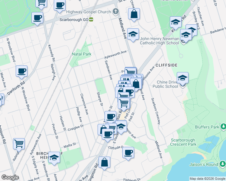 map of restaurants, bars, coffee shops, grocery stores, and more near 20 Sandown Avenue in Toronto