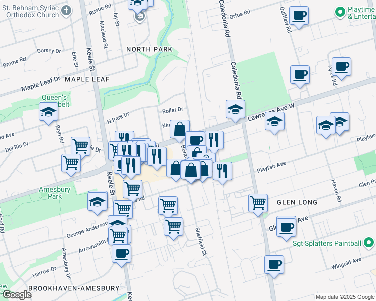 map of restaurants, bars, coffee shops, grocery stores, and more near 3 Benton Road in Toronto