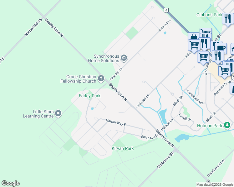 map of restaurants, bars, coffee shops, grocery stores, and more near 6548 Beatty Line North in Fergus