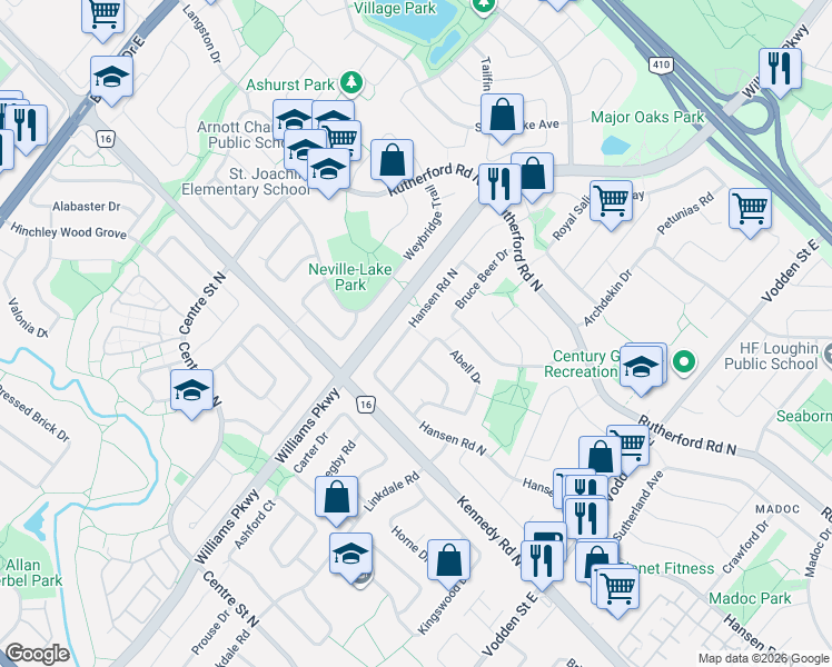 map of restaurants, bars, coffee shops, grocery stores, and more near 386 Hansen Road North in Brampton