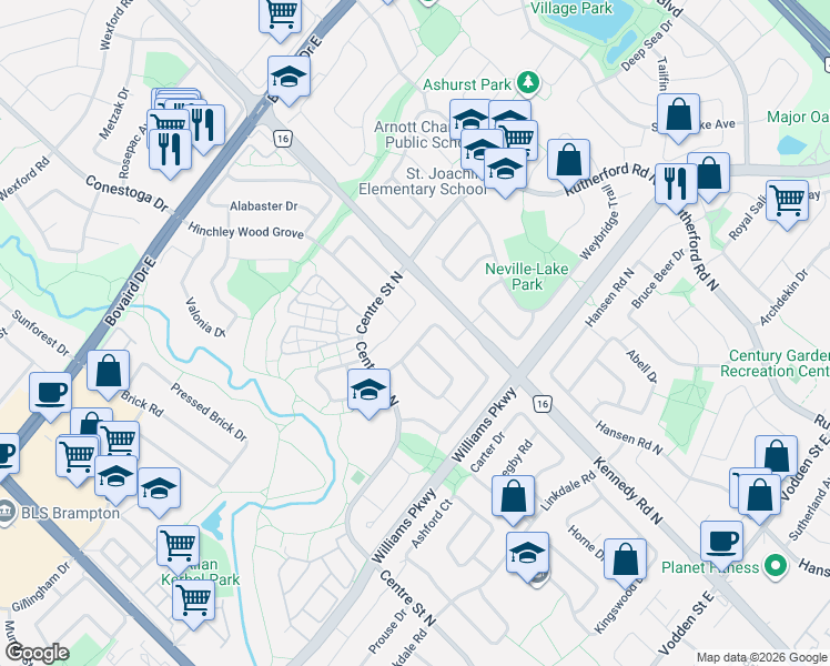 map of restaurants, bars, coffee shops, grocery stores, and more near 92 Blackthorn Lane in Brampton