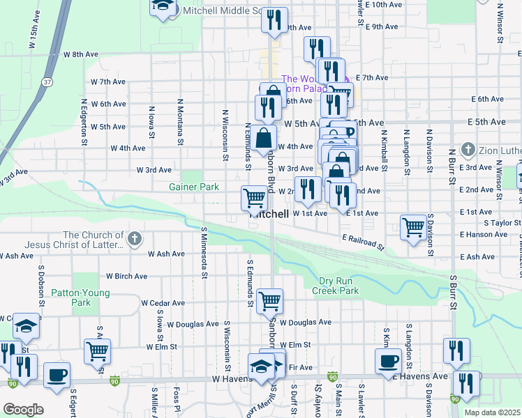 map of restaurants, bars, coffee shops, grocery stores, and more near 423 West 2nd Avenue in Mitchell