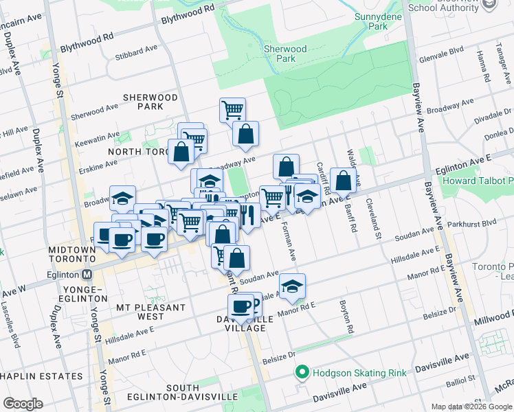 map of restaurants, bars, coffee shops, grocery stores, and more near 57 Rawlinson Avenue in Toronto