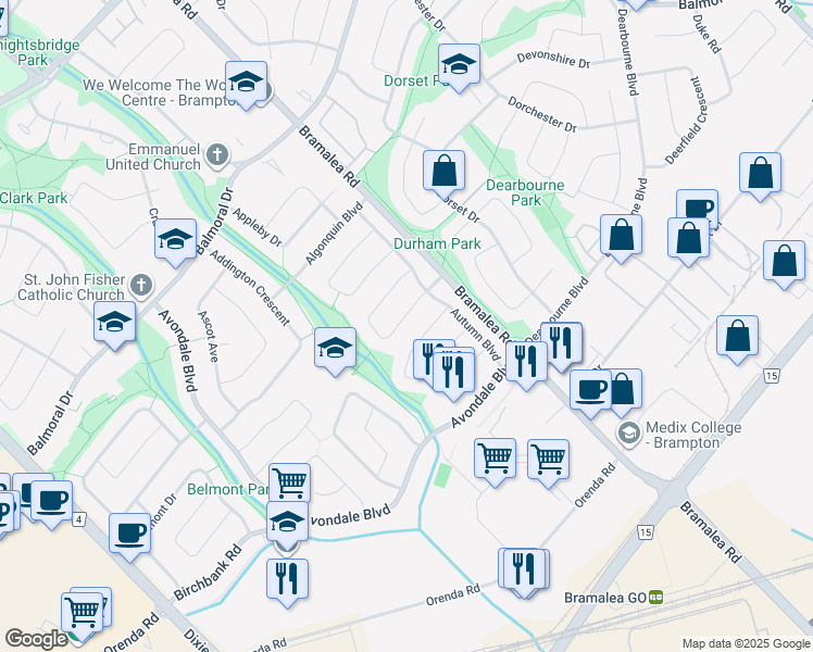 map of restaurants, bars, coffee shops, grocery stores, and more near 15 Alexandria Crescent in Brampton