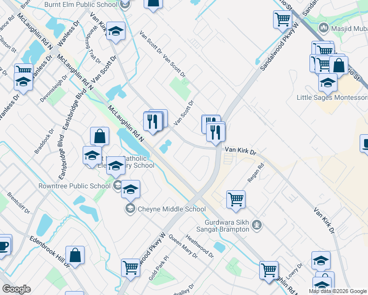 map of restaurants, bars, coffee shops, grocery stores, and more near 97 Winners Circle in Brampton