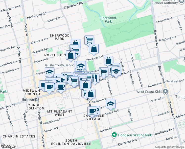 map of restaurants, bars, coffee shops, grocery stores, and more near 10 Roehampton Avenue in Toronto