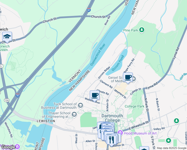map of restaurants, bars, coffee shops, grocery stores, and more near 36 Occom Ridge in Hanover