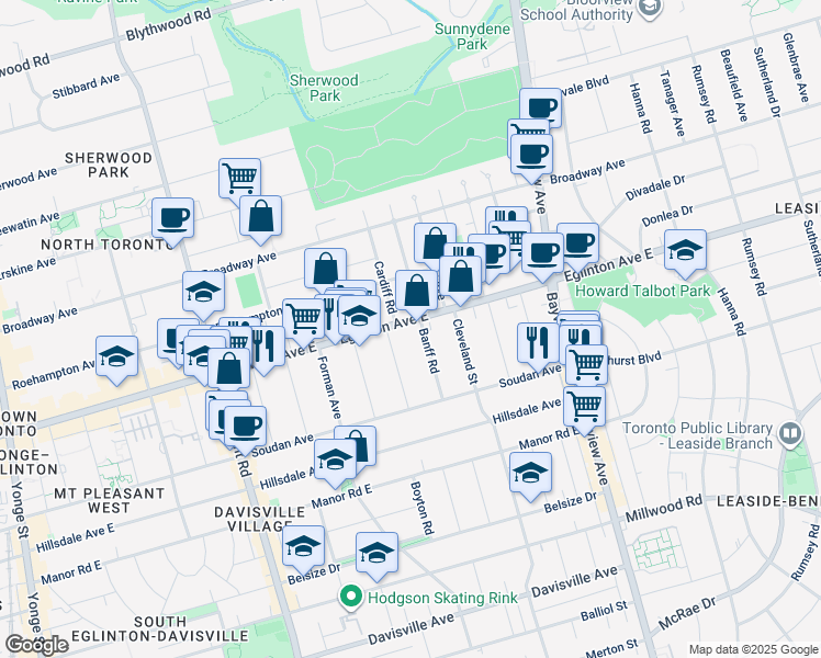 map of restaurants, bars, coffee shops, grocery stores, and more near 445 Eglinton Avenue East in Toronto