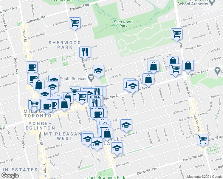 map of restaurants, bars, coffee shops, grocery stores, and more near 349 Roehampton Avenue in Toronto