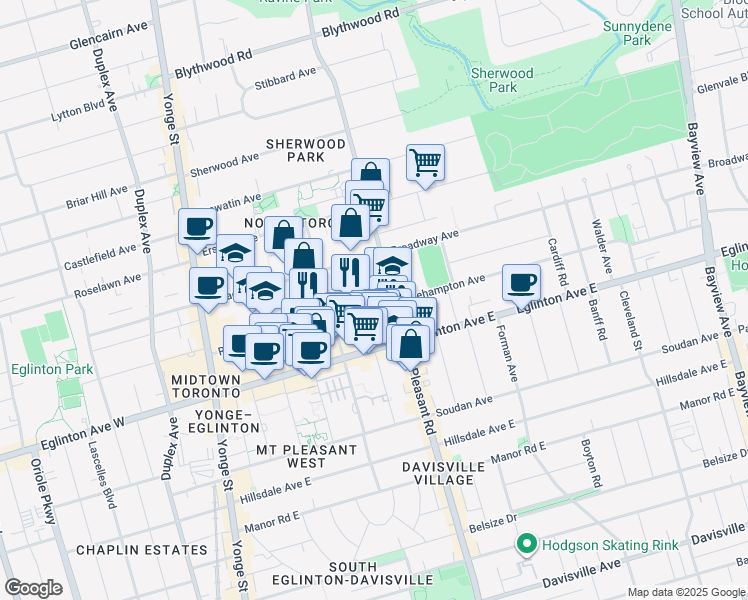map of restaurants, bars, coffee shops, grocery stores, and more near in Toronto