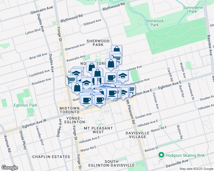 map of restaurants, bars, coffee shops, grocery stores, and more near in Toronto