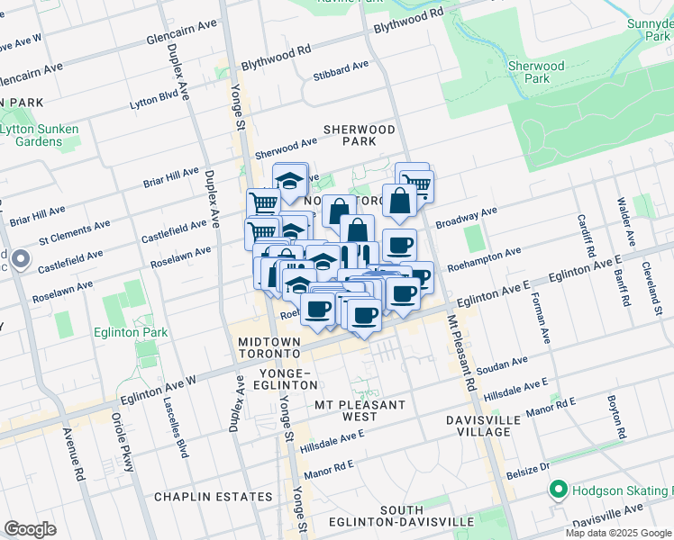 map of restaurants, bars, coffee shops, grocery stores, and more near 86 Broadway Avenue in Toronto