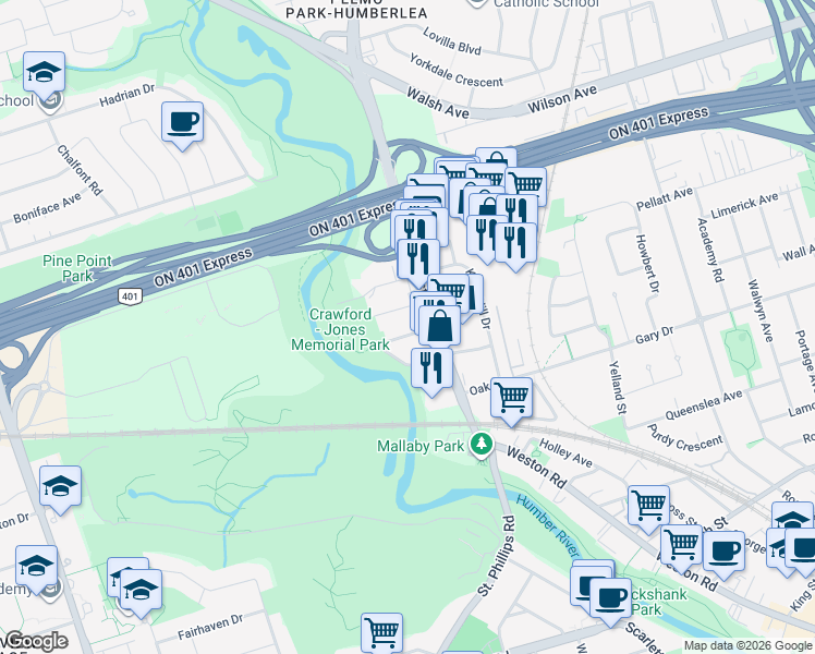 map of restaurants, bars, coffee shops, grocery stores, and more near 14 Cardell Avenue in Toronto