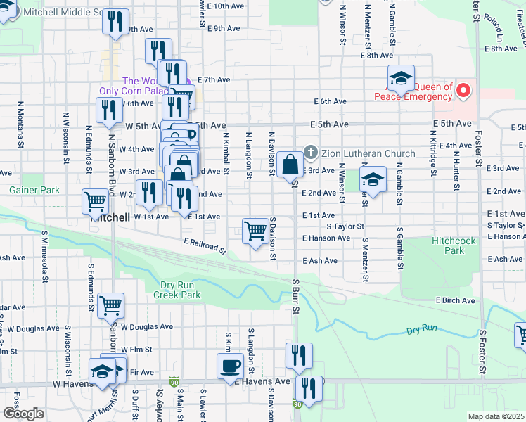 map of restaurants, bars, coffee shops, grocery stores, and more near 414 East 1st Avenue in Mitchell